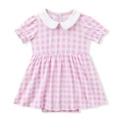 Peter Pan Collar Bodysuit Dress in Gingham Thistle