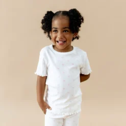 Pointelle Short Sleeve Set in Sweet Pink Bow
