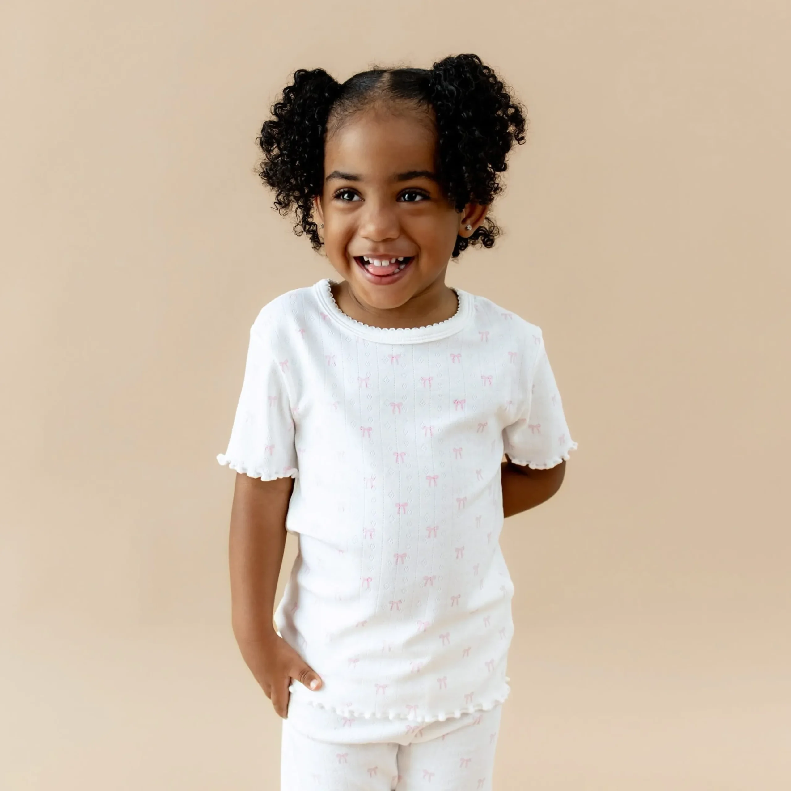 Pointelle Short Sleeve Set in Sweet Pink Bow