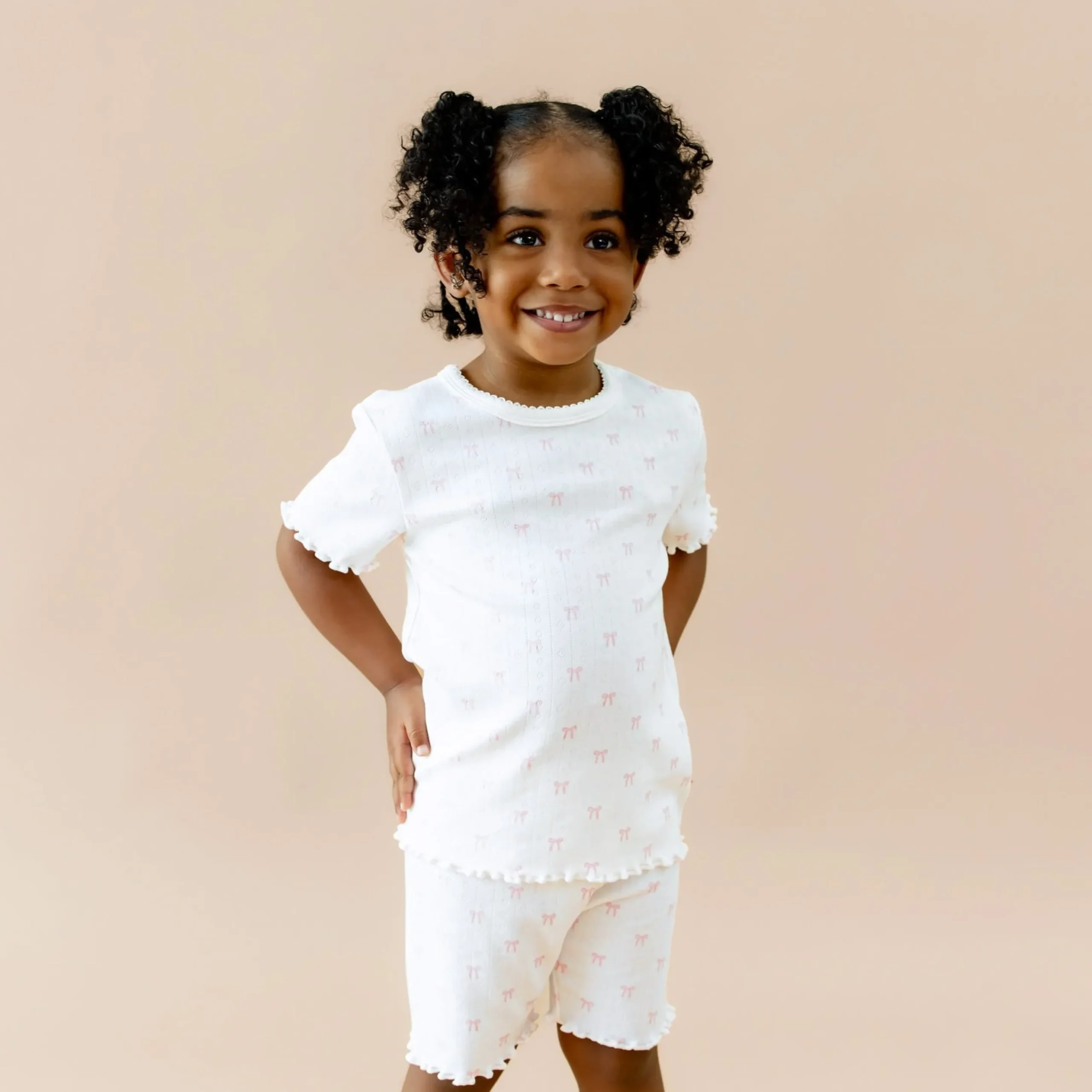 Pointelle Short Sleeve Set in Sweet Pink Bow