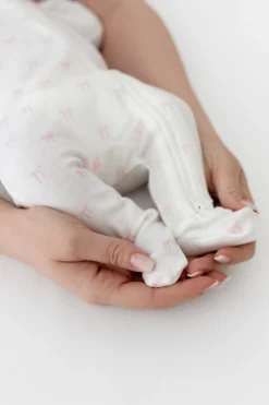 Pointelle Zippered Footie in Sweet Pink Bow