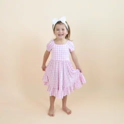 Puff Sleeve Twirl Dress in Gingham Thistle