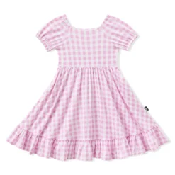Puff Sleeve Twirl Dress in Gingham Thistle