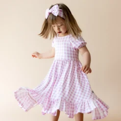 Puff Sleeve Twirl Dress in Gingham Thistle