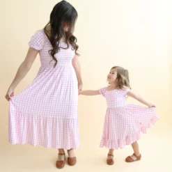 Puff Sleeve Twirl Dress in Gingham Thistle