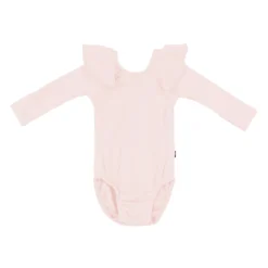 Ribbed Long Sleeve Ruffle Leotard in Blush
