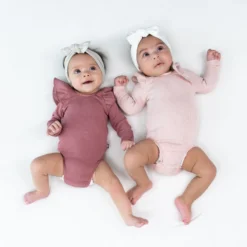 Ribbed Long Sleeve Ruffle Leotard in Blush
