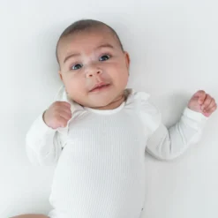 Ribbed Long Sleeve Ruffle Leotard in Cloud