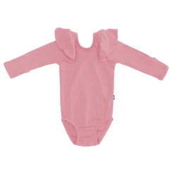 Ribbed Long Sleeve Ruffle Leotard in Apple Blossom