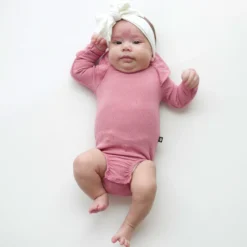 Ribbed Long Sleeve Ruffle Leotard in Apple Blossom
