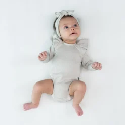 Ribbed Long Sleeve Ruffle Leotard in Oat
