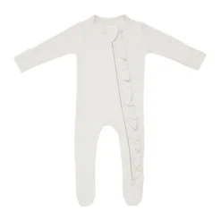 Ribbed Ruffle Zipper Footie in Oat