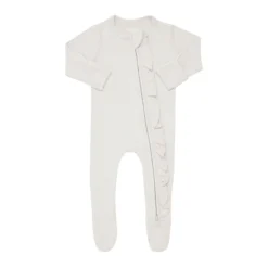 Ribbed Ruffle Zipper Footie in Oat