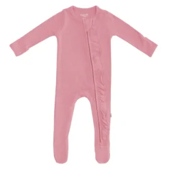 Ribbed Ruffle Zipper Footie in Apple Blossom