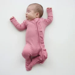 Ribbed Ruffle Zipper Footie in Apple Blossom