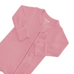 Ribbed Ruffle Zipper Footie in Apple Blossom