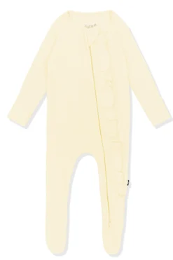 Ribbed Ruffle Zipper Footie in Chamomile