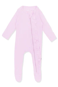 Ribbed Ruffle Zipper Footie in Thistle
