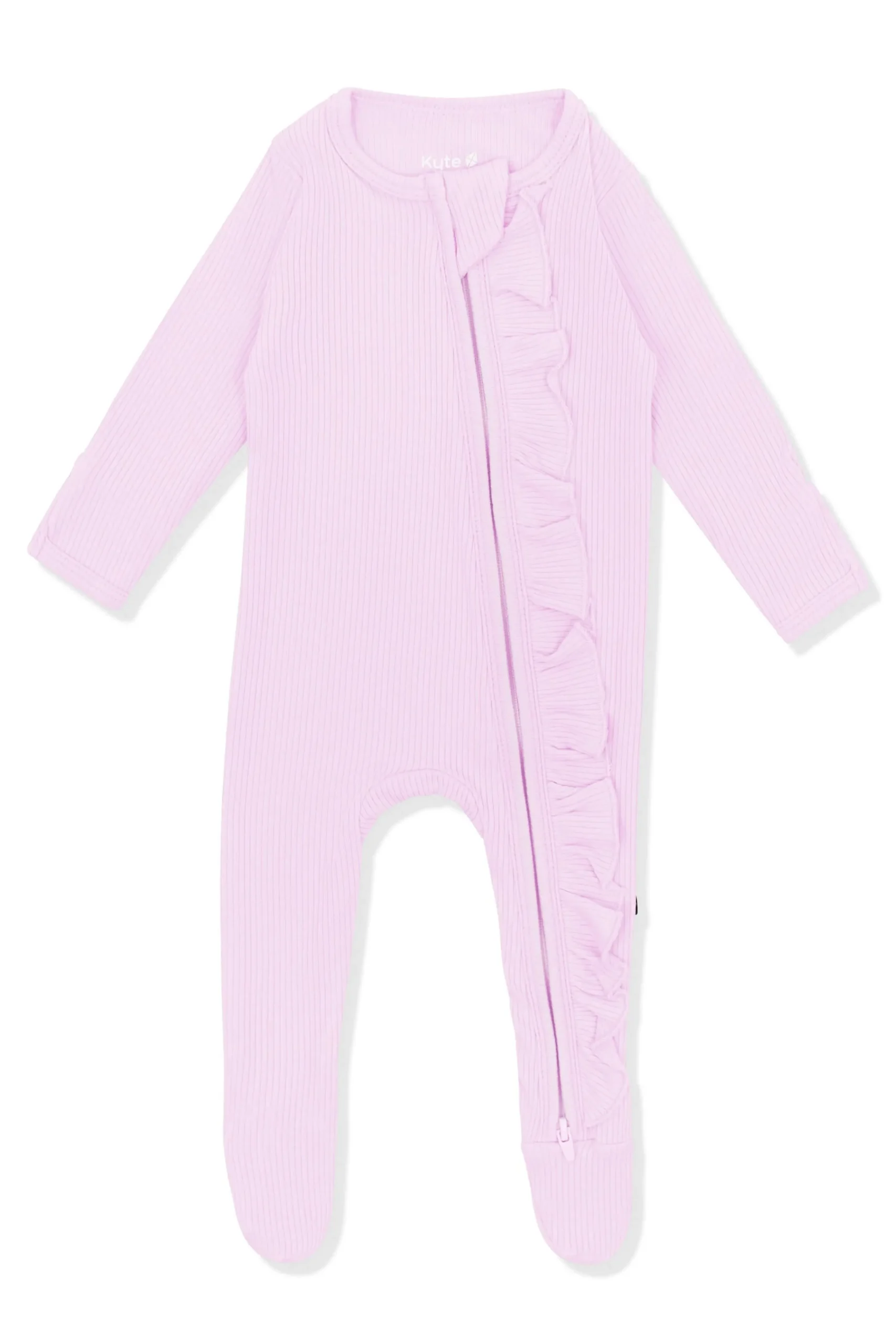 Ribbed Ruffle Zipper Footie in Thistle