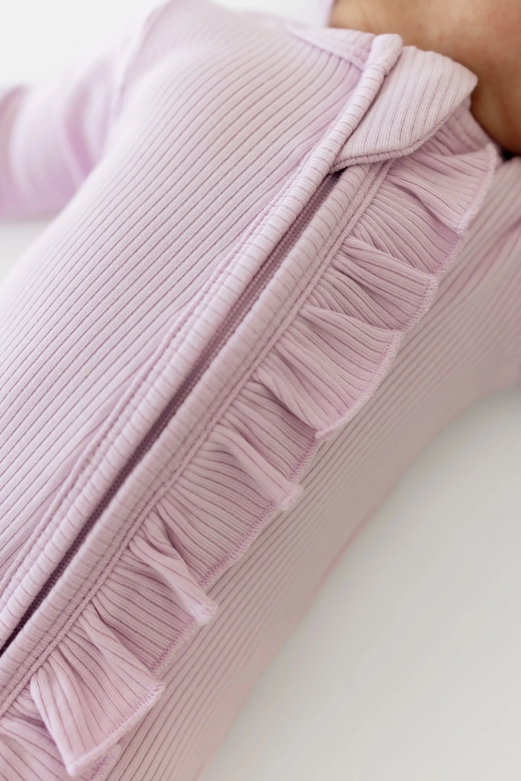 Ribbed Ruffle Zipper Footie in Thistle