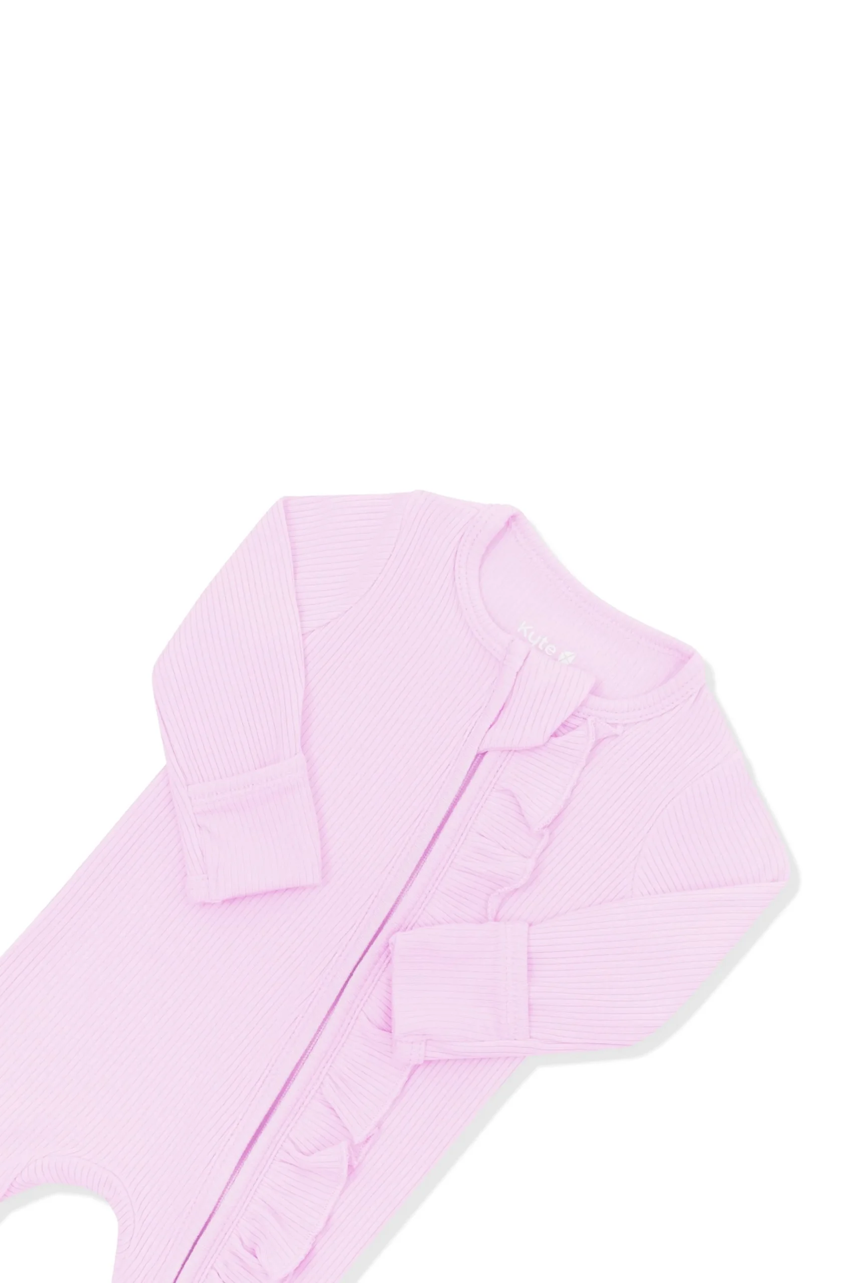 Ribbed Ruffle Zipper Footie in Thistle