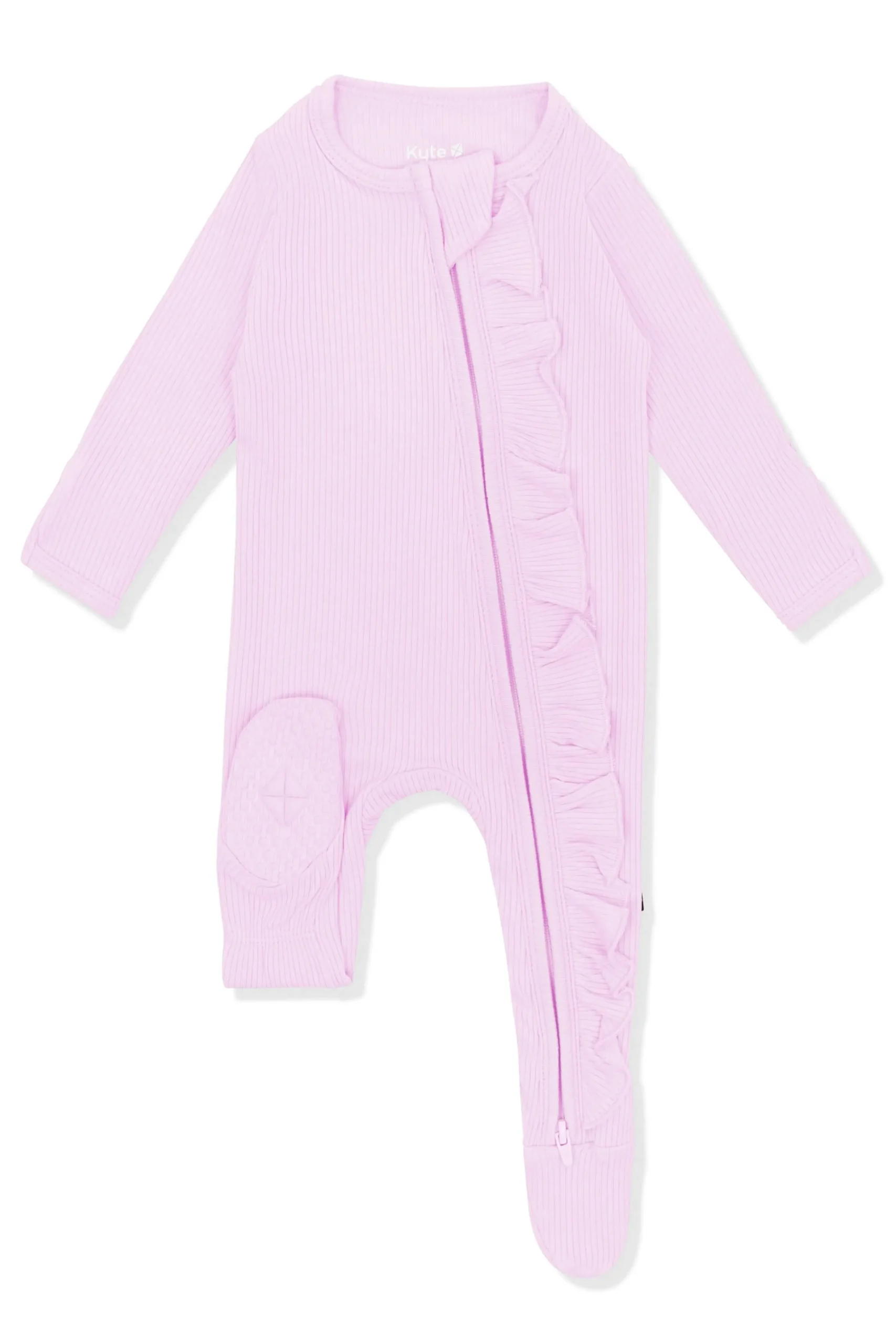 Ribbed Ruffle Zipper Footie in Thistle