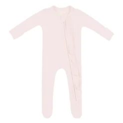 Ribbed Ruffle Zipper Footie in Blush