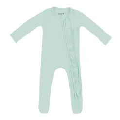 Ribbed Ruffle Zipper Footie in Sage