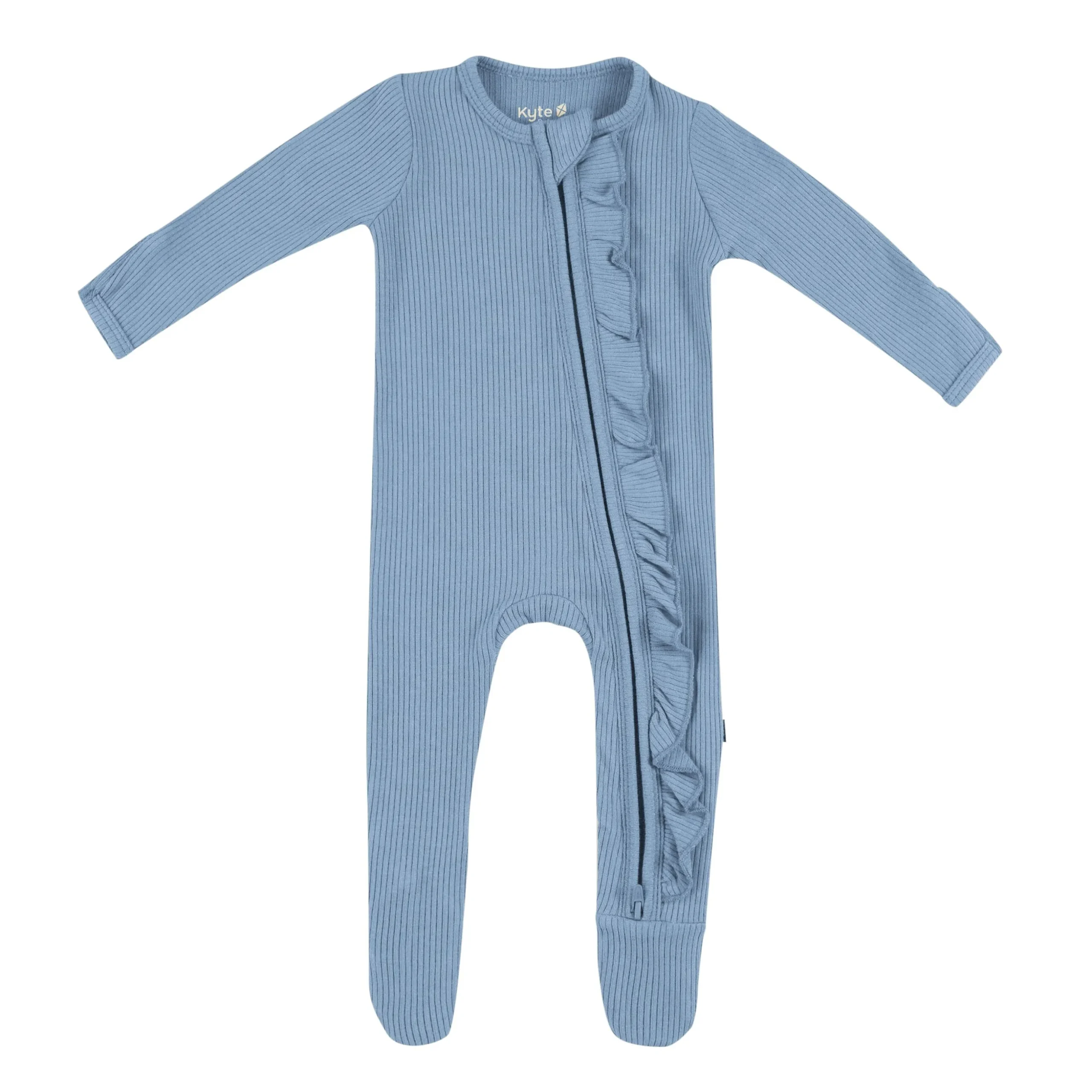 Ribbed Ruffle Zipper Footie in Slate