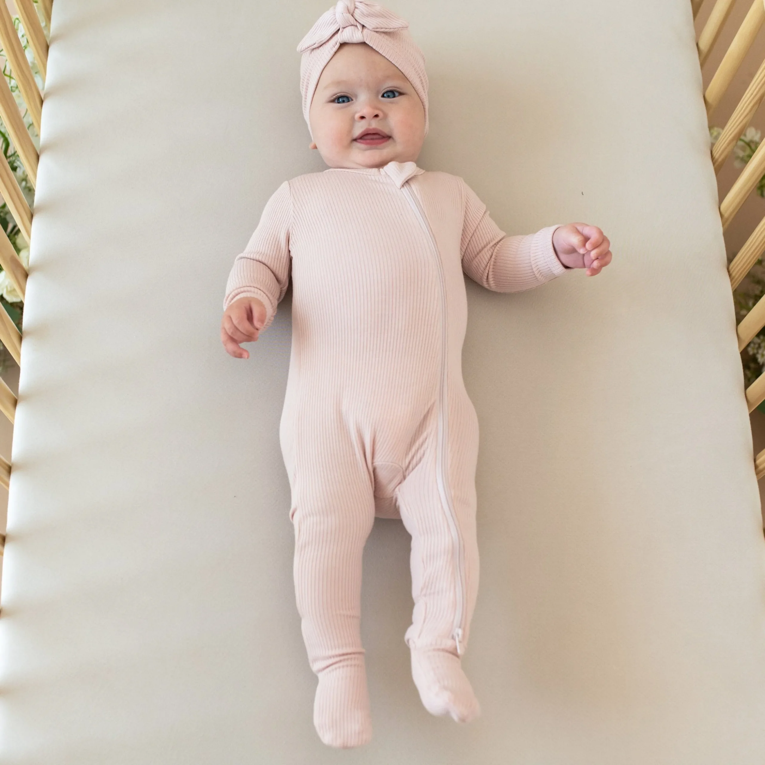 Ribbed Zipper Footie in Blush
