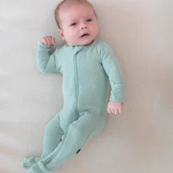 Ribbed Zipper Footie in Sage