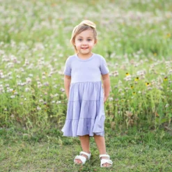 Short Sleeve Tiered Dress in Taro