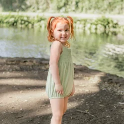 Smocked Bubble Romper in Basil