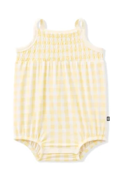 Smocked Bubble Romper in Gingham Chamomile