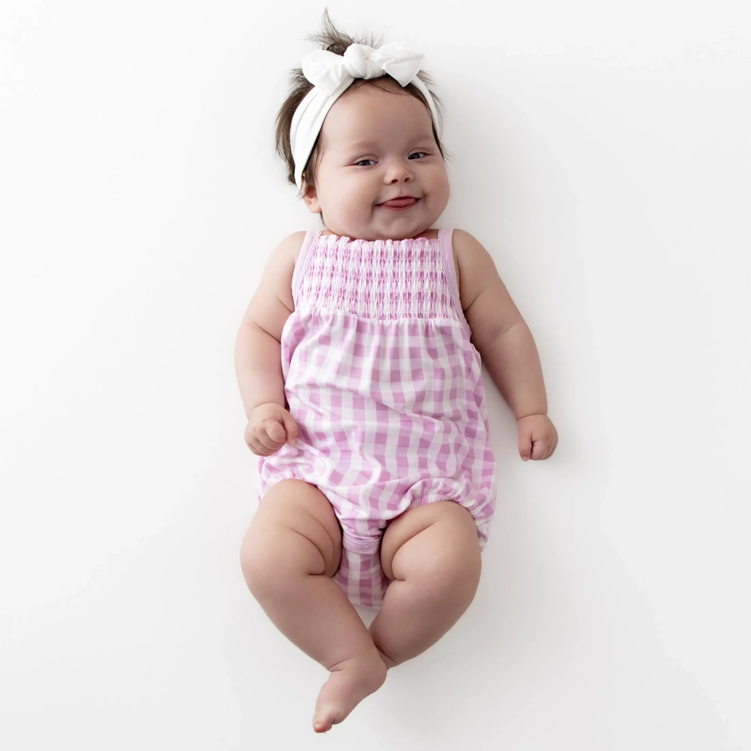 Smocked Bubble Romper in Gingham Thistle