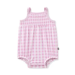 Smocked Bubble Romper in Gingham Thistle