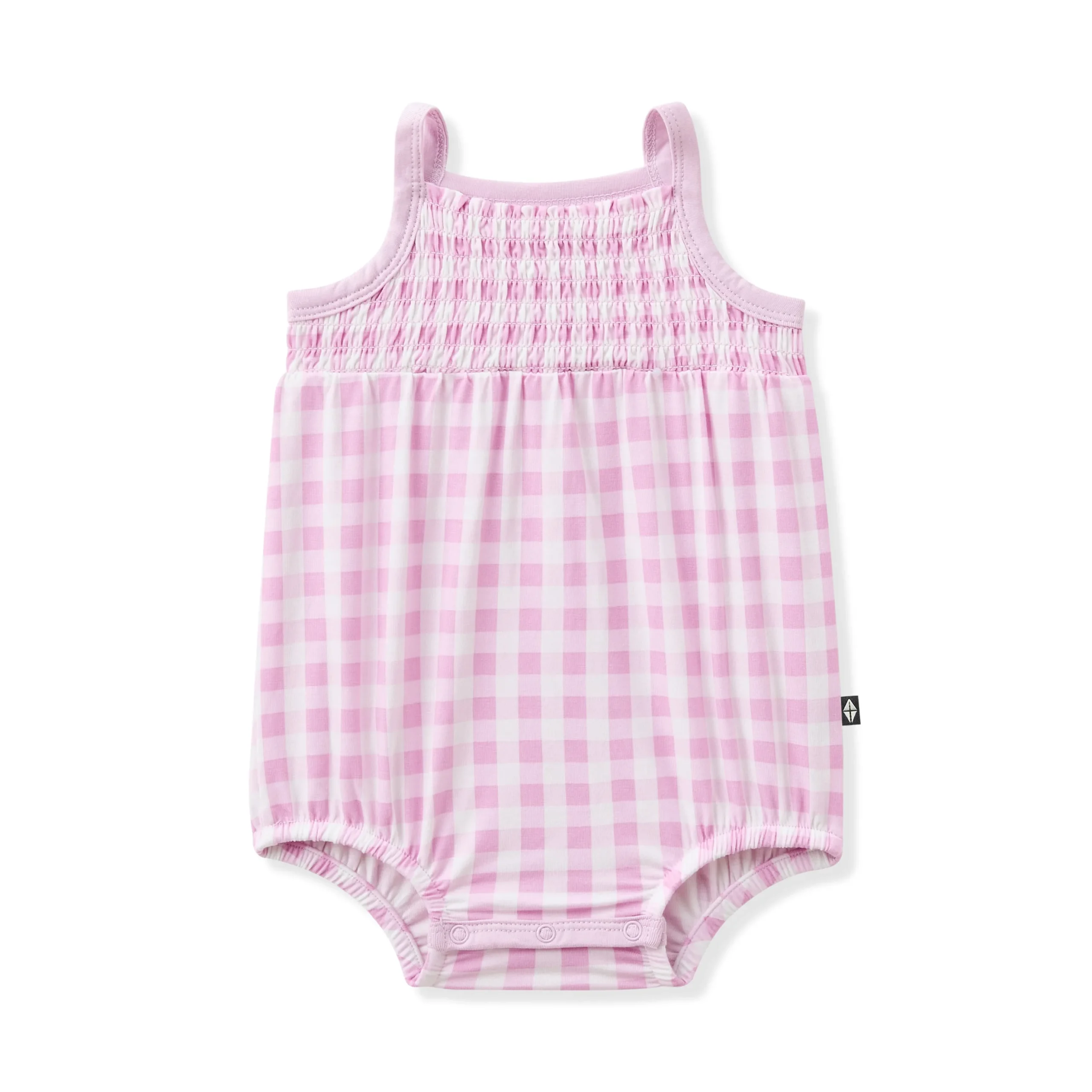 Smocked Bubble Romper in Gingham Thistle