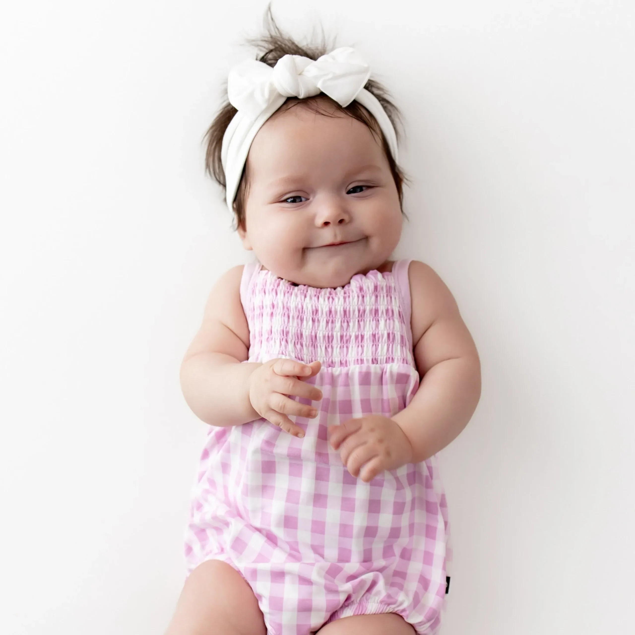 Smocked Bubble Romper in Gingham Thistle