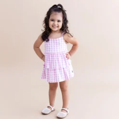 Spaghetti Strap Ruffle Romper in Gingham Thistle