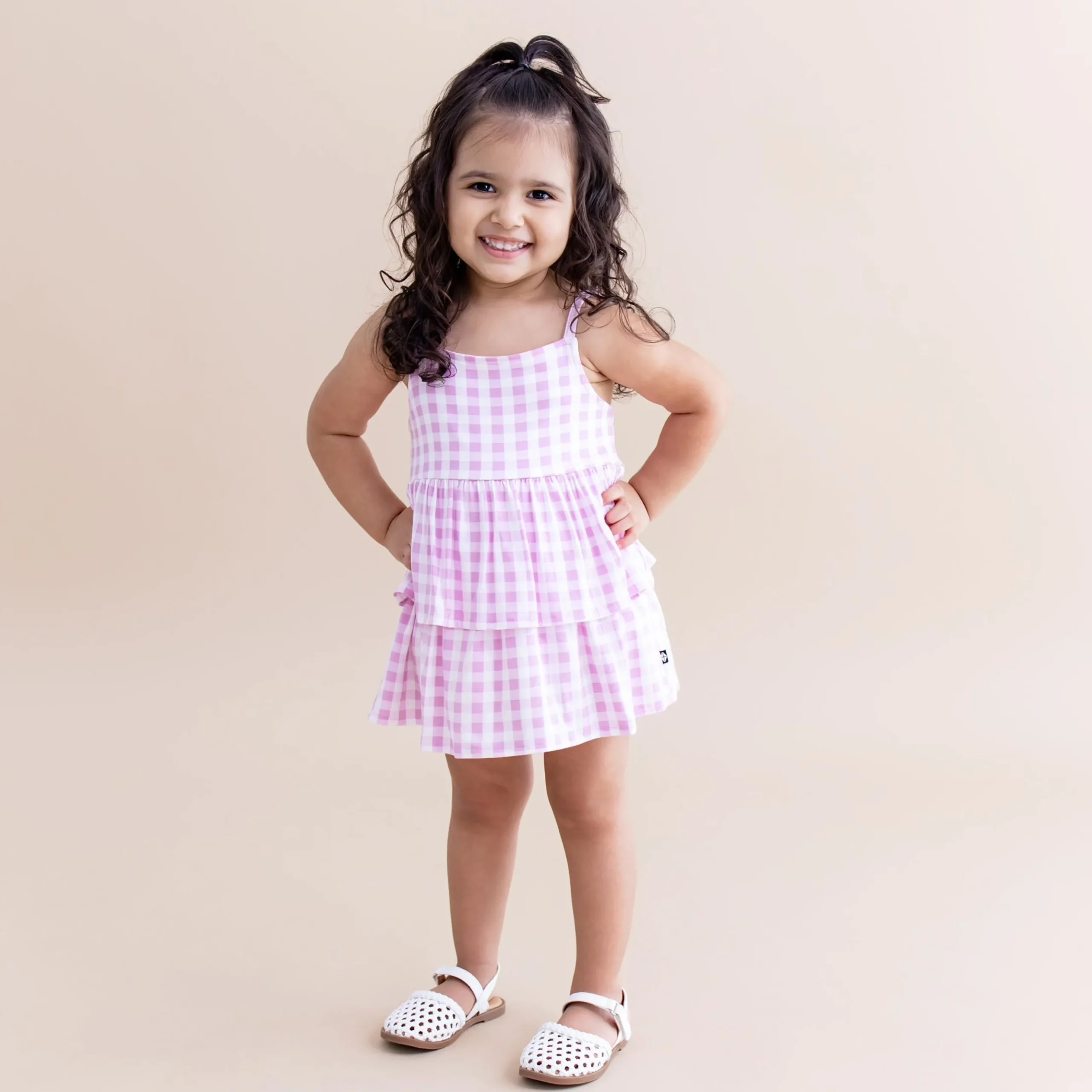 Spaghetti Strap Ruffle Romper in Gingham Thistle