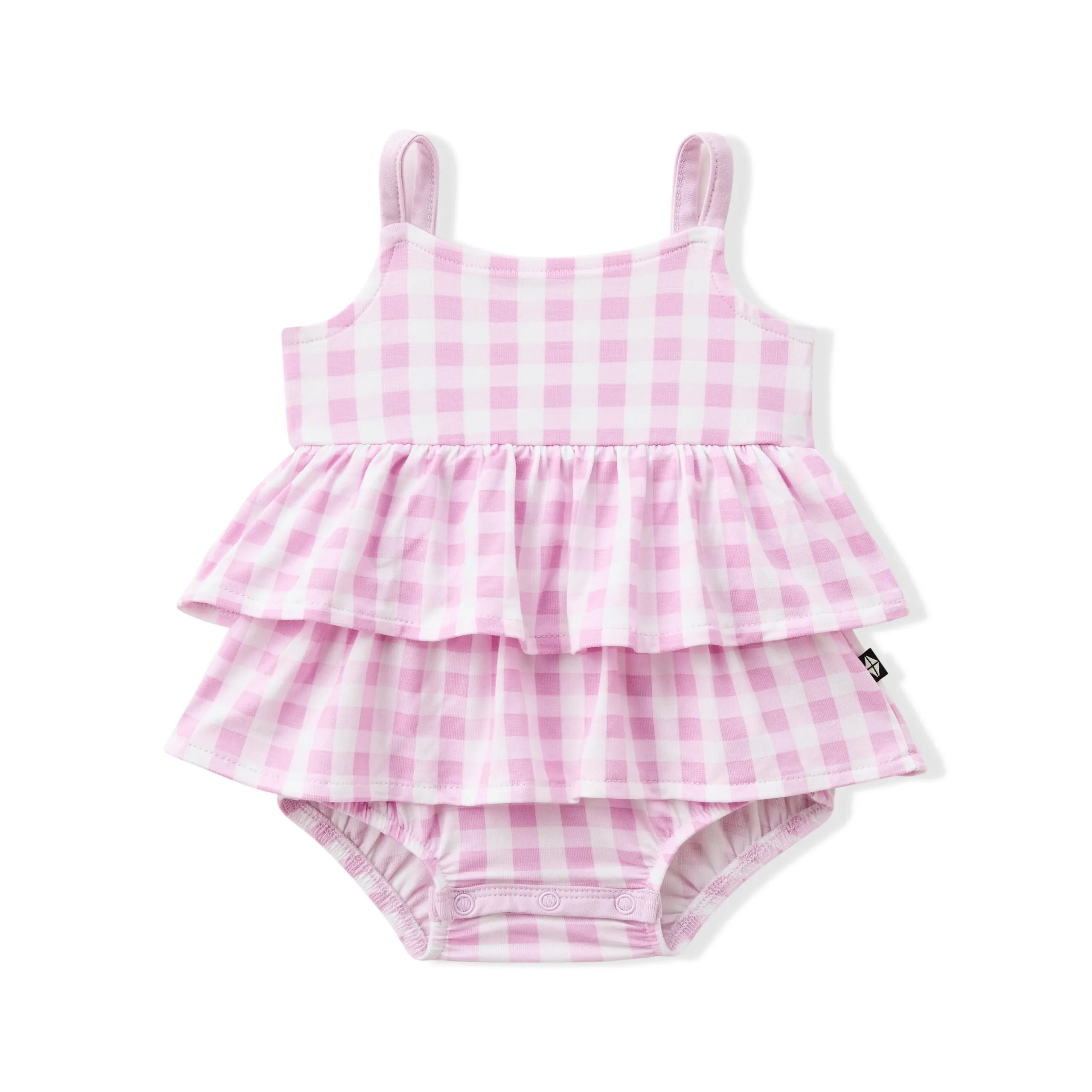 Spaghetti Strap Ruffle Romper in Gingham Thistle