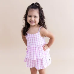 Spaghetti Strap Ruffle Romper in Gingham Thistle