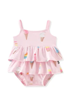 Spaghetti Strap Ruffle Romper in Sakura Ice Cream