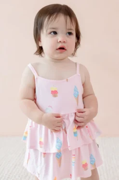 Spaghetti Strap Ruffle Romper in Sakura Ice Cream