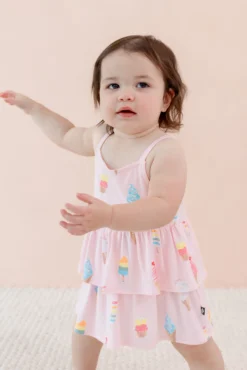 Spaghetti Strap Ruffle Romper in Sakura Ice Cream