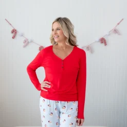 Women's Long Sleeve Henley Tee in Cardinal