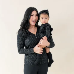 Women's Long Sleeve Henley Tee in Midnight Leopard