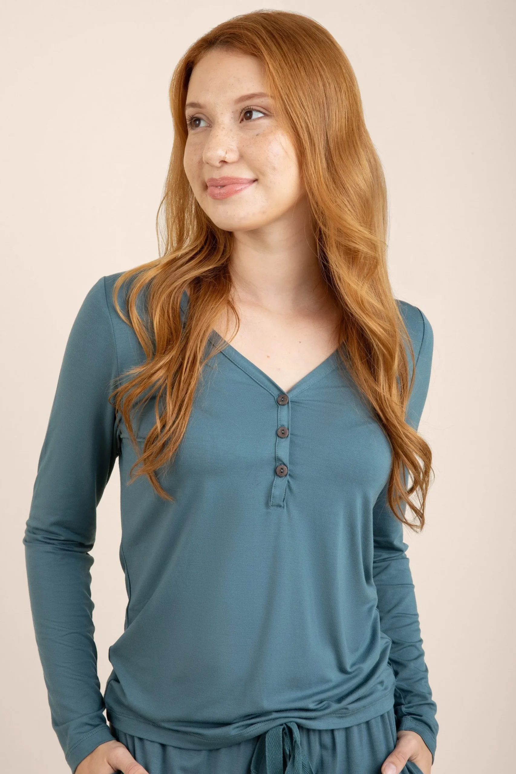Women's Long Sleeve Henley Tee in Atlantic