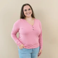 Women's Long Sleeve Henley Tee in Apple Blossom