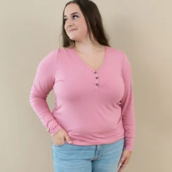 Women's Long Sleeve Henley Tee in Apple Blossom